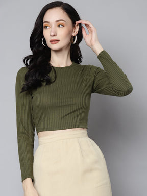 Women Olive Rib Back Cut Out Crop Top-Tops-SASSAFRAS