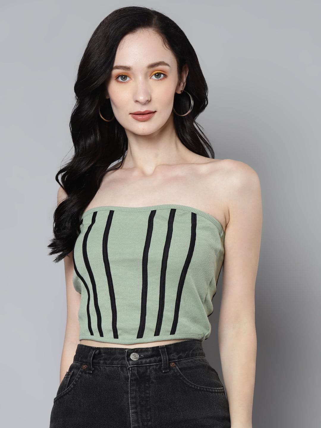 Women Olive Rib Contrast Piping Tube Top-Tops-SASSAFRAS
