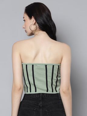Women Olive Rib Contrast Piping Tube Top