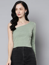 Women Olive Rib One Shoulder Crop Top-Tops-SASSAFRAS