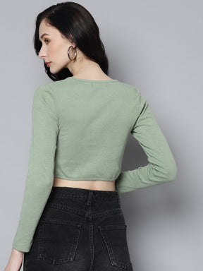 Women Olive Rib Long Sleeves Square Neck Crop Top