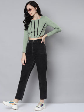 Women Olive Rib Long Sleeves Square Neck Crop Top
