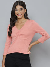 Women Peach Rib Full Sleeves Ruched Top-Tops-SASSAFRAS