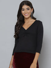 Women Black Rib Full Sleeves Ruched Top-Tops-SASSAFRAS