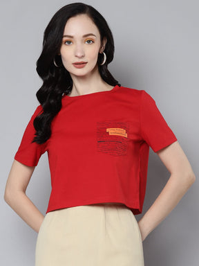 Women Red Newspaper Pocket Crop T-Shirt-T-Shirts-SASSAFRAS
