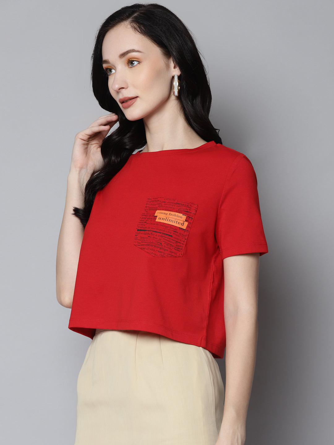 Women Red Newspaper Pocket Crop T-Shirt