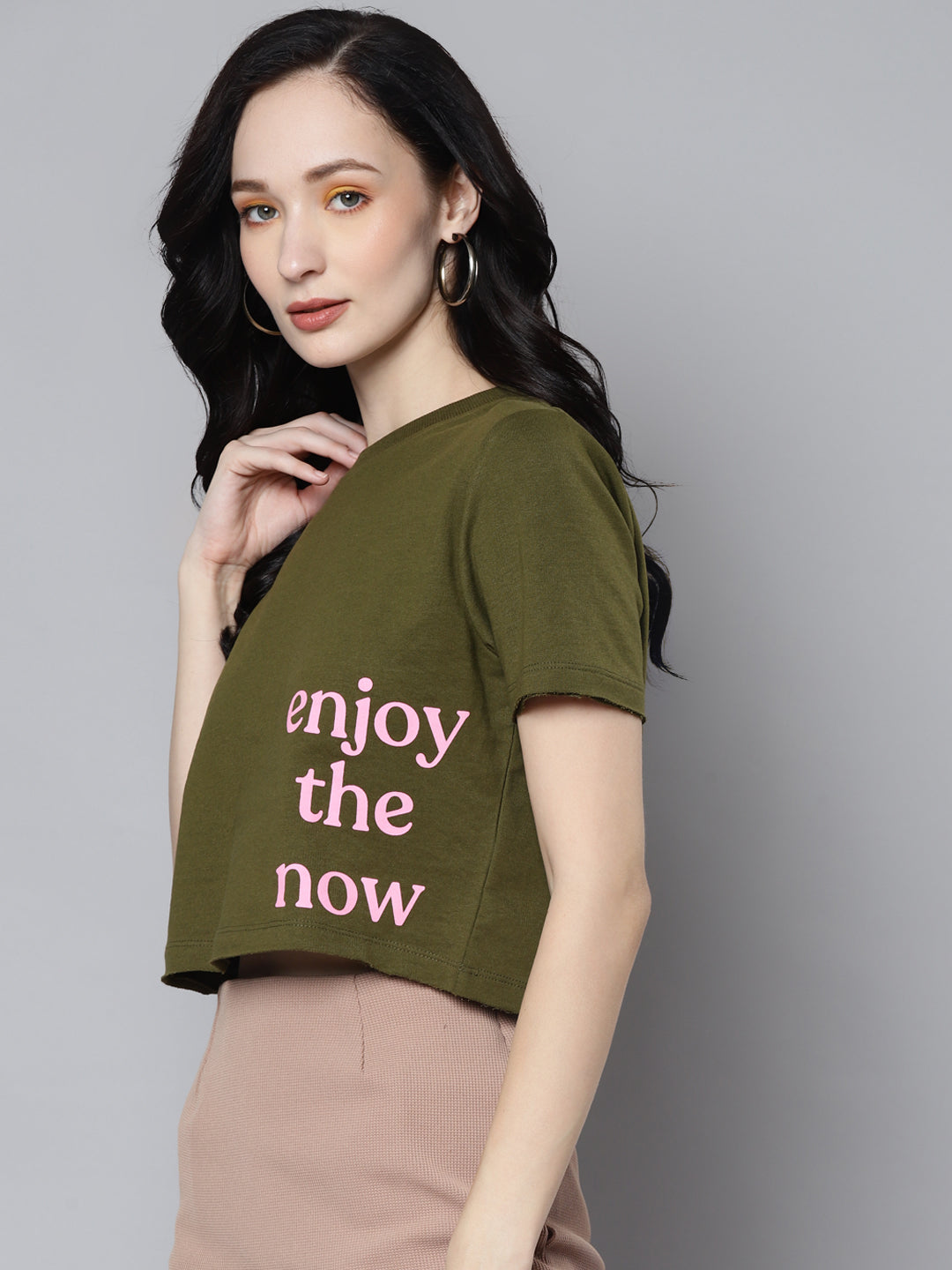 Women Olive Terry ACTIVE ENJOY THE NOW Crop T-Shirt