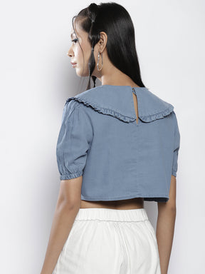 Women Blue Frill Detail Broad Collar Crop Tencel Top