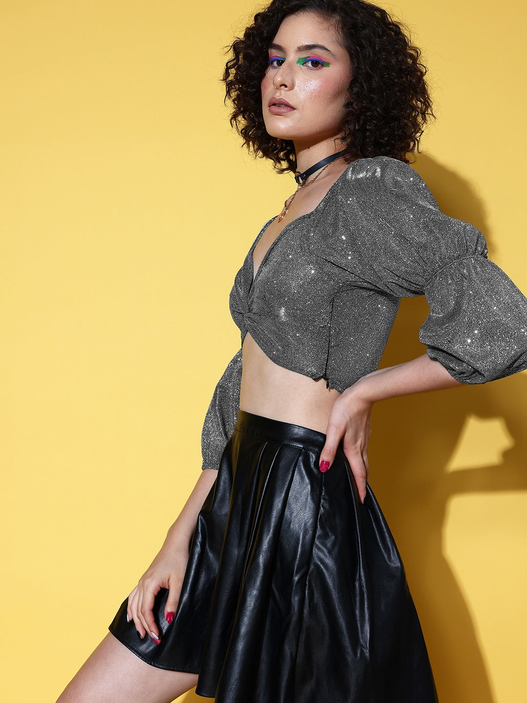 Women Silver Lurex Knotted Front Crop Top