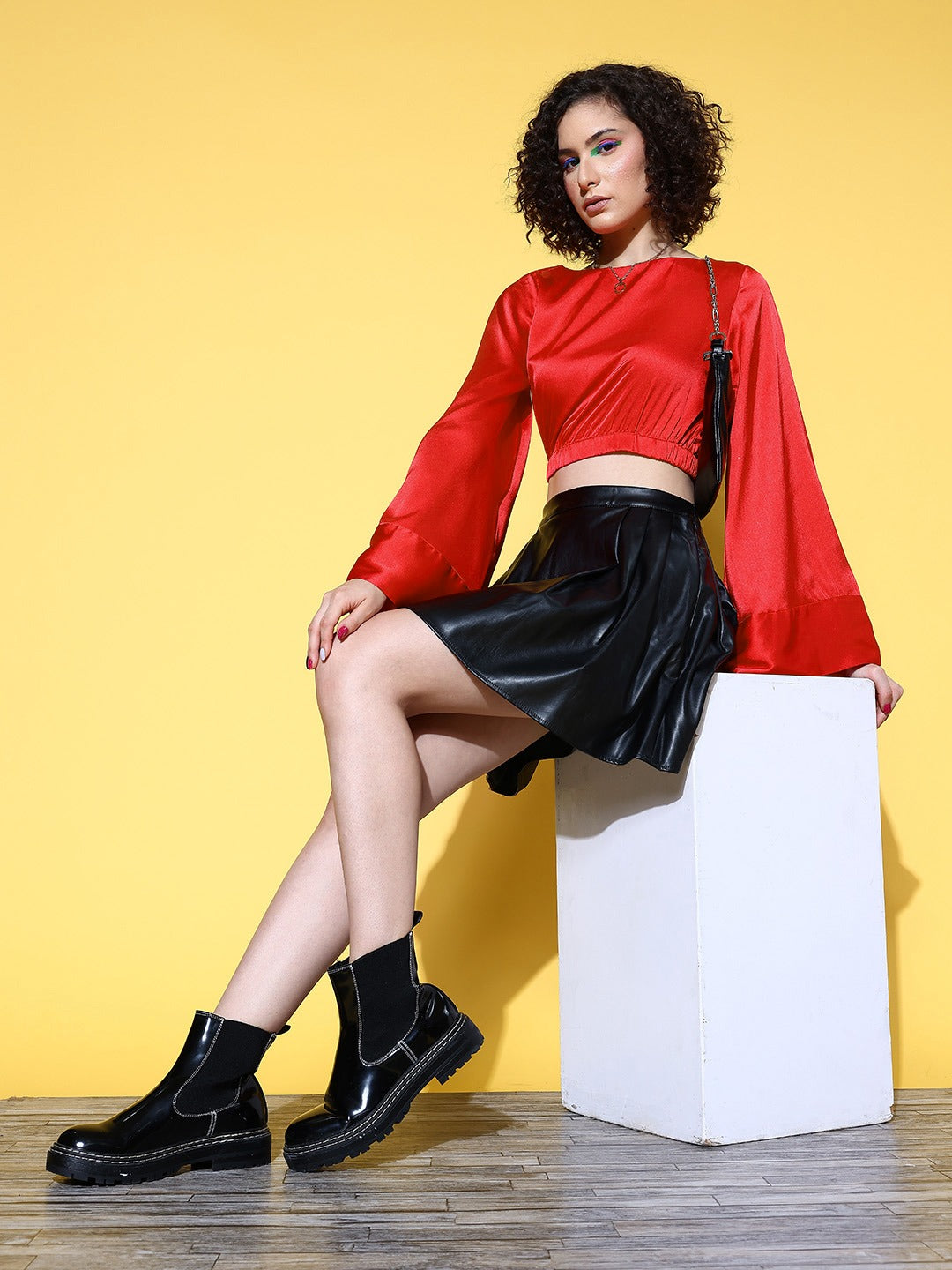 Women Red Gold Satin Flared Sleeve Crop Top