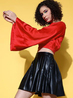 Women Red Gold Satin Flared Sleeve Crop Top