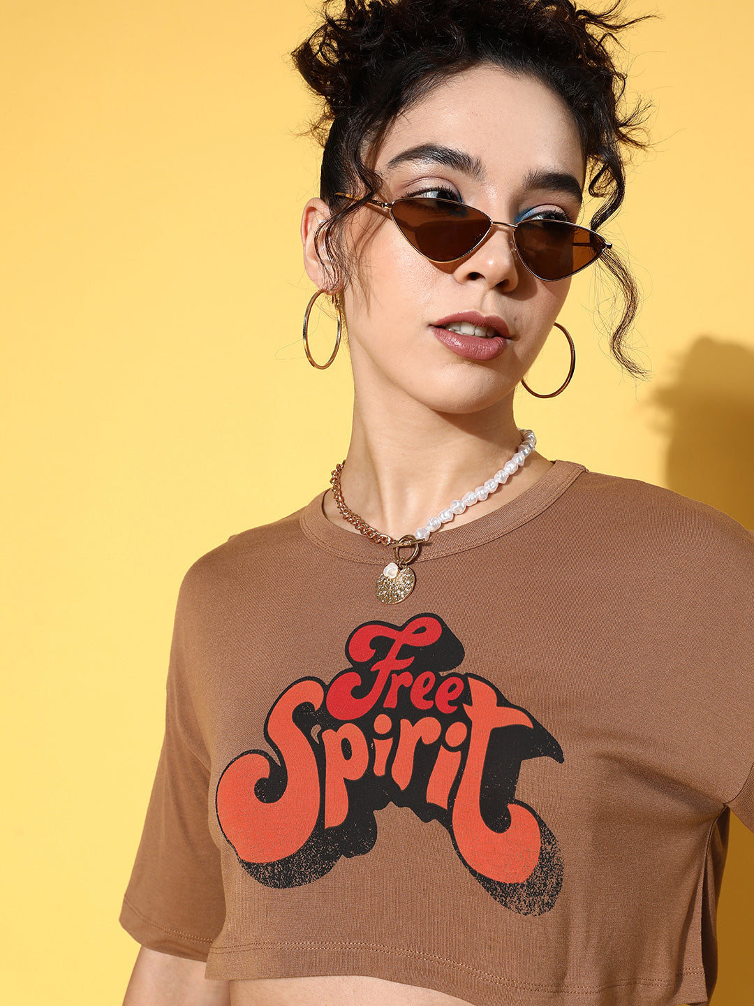 Women Brown Free Spirit Crop T-shirt