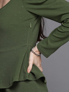 Women Olive Shimmer Full Sleeves Peplum Top