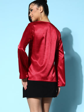 Women Red Lycra Satin Ruched Bell Sleeves Top