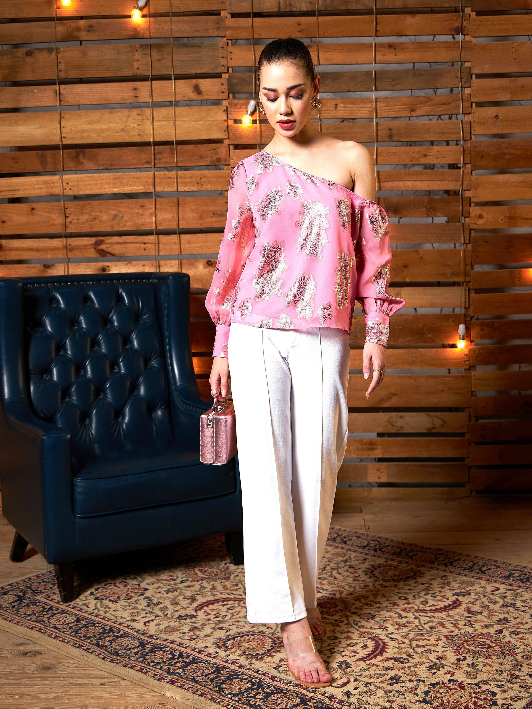 Pink Jacquard One Shoulder Top-SASSAFRAS