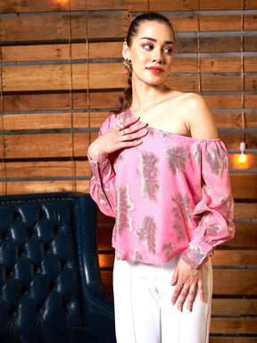 Pink Jacquard One Shoulder Top-SASSAFRAS