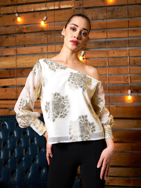 White Jacquard One Shoulder Top-SASSAFRAS