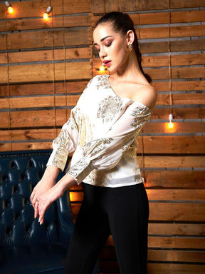 White Jacquard One Shoulder Top-SASSAFRAS