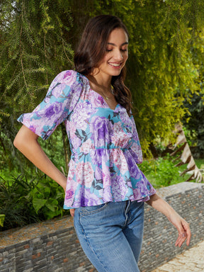 Turquoise Floral Back Criss Cross Peplum Top-SASSAFRAS