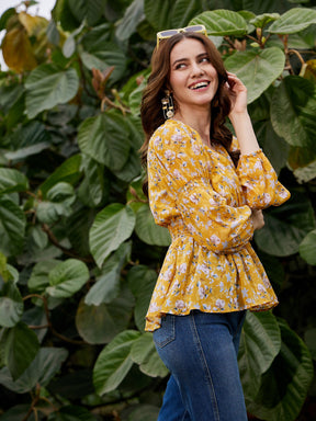 Yellow Floral Peplum Top-SASSAFRAS