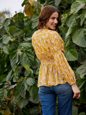 Yellow Floral Peplum Top-SASSAFRAS