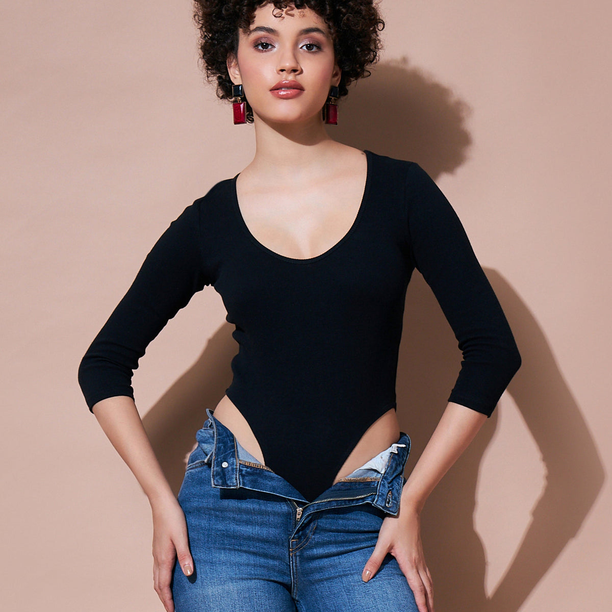 Women Black Ribbed Bodysuit