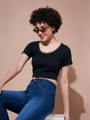 Black Rib Round Neck Crop Top-SASSAFRAS BASICS