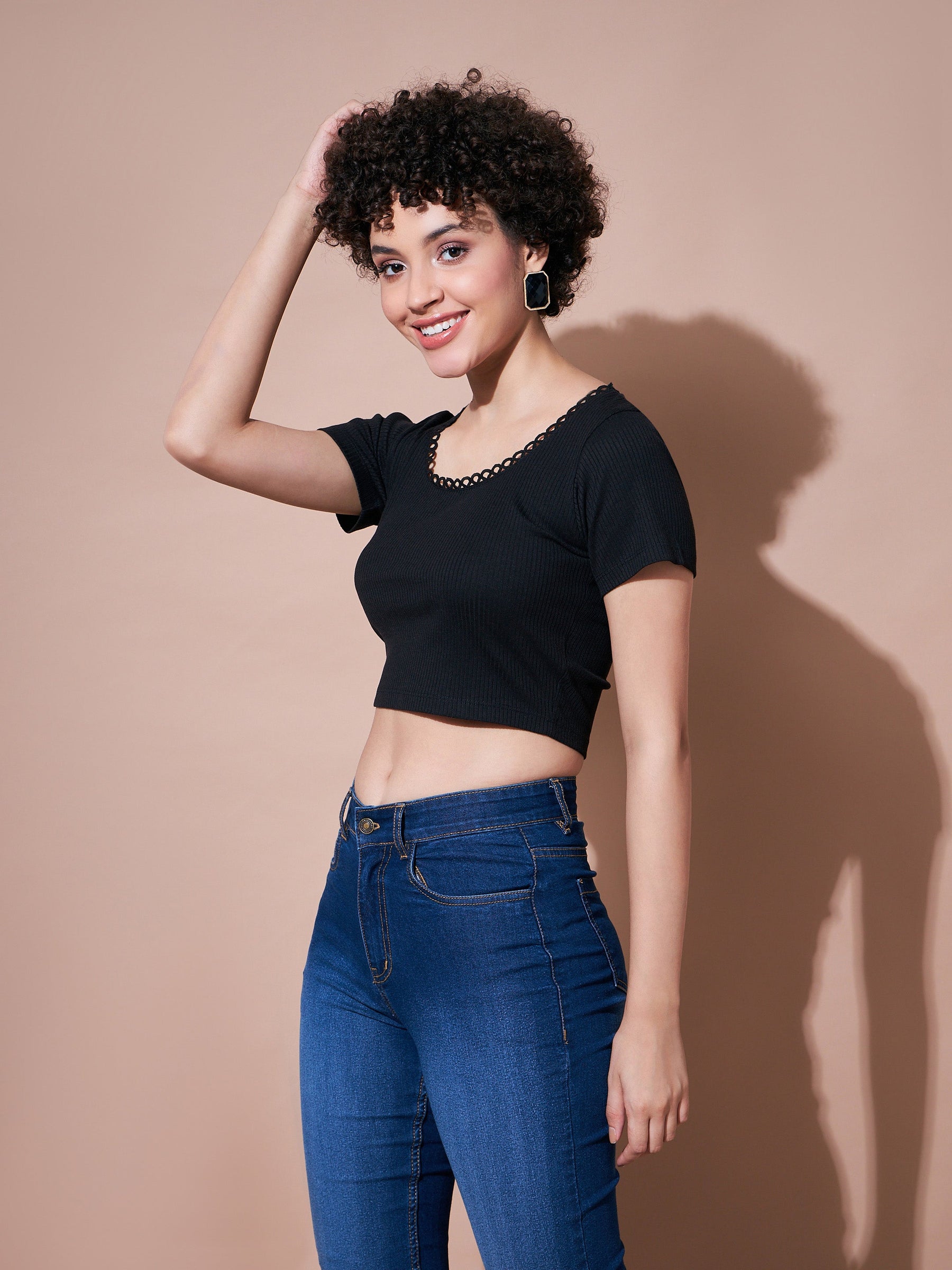 Black Rib Round Neck Crop Top-SASSAFRAS BASICS