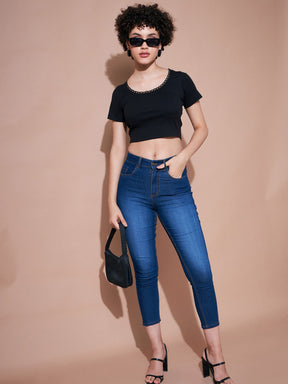 Black Rib Round Neck Crop Top-SASSAFRAS BASICS