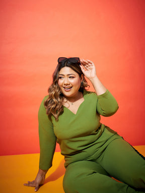 Green Sweetheart Neck Regular Top-SASSAFRAS Curve