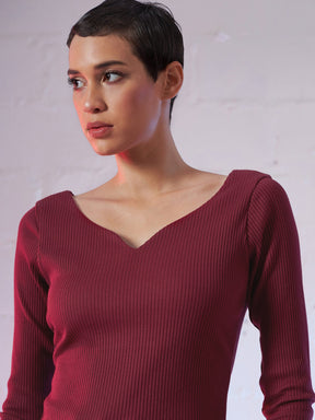 Maroon Sweetheart Neck Rib Top-SASSAFRAS