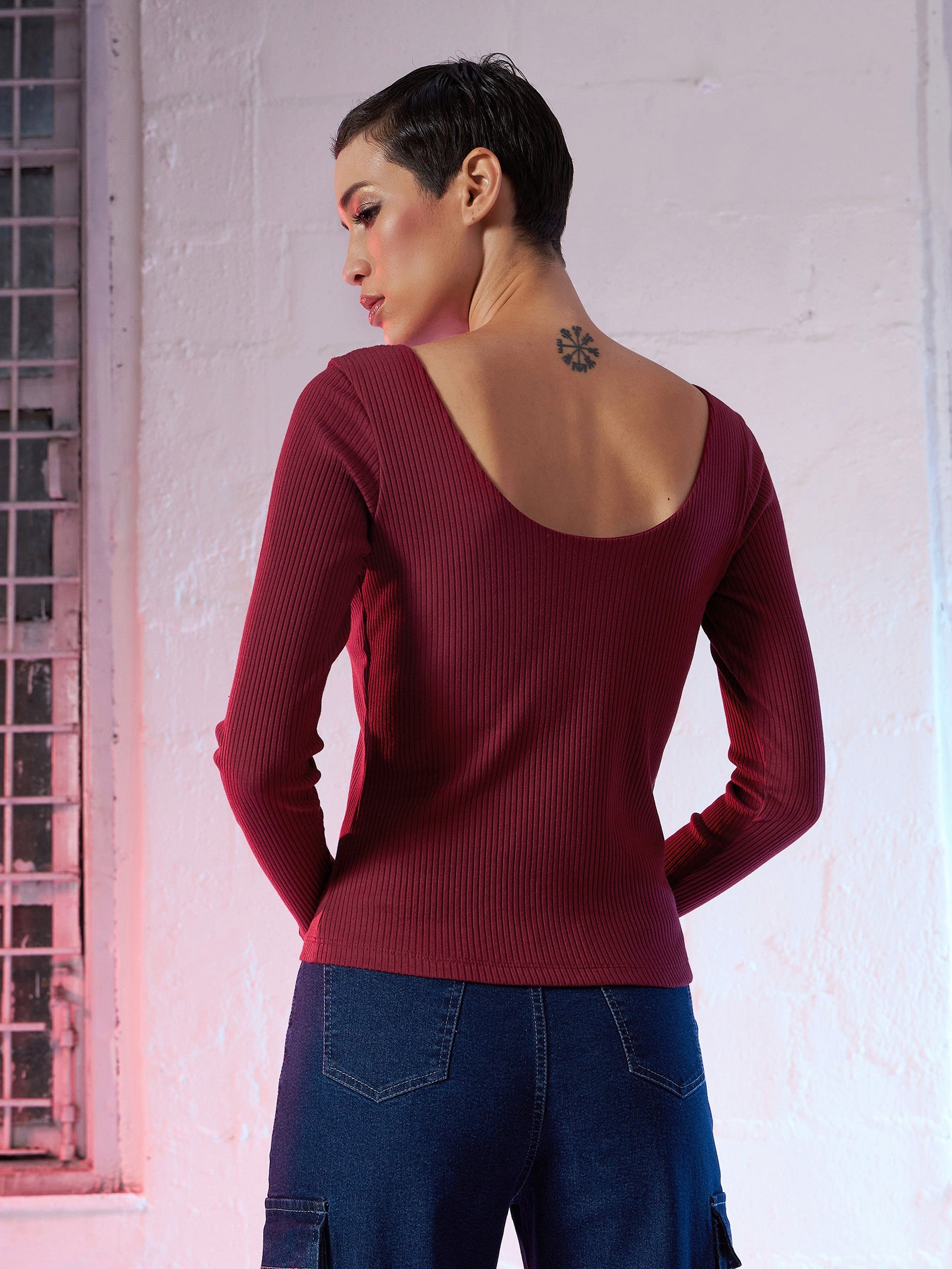 Maroon Sweetheart Neck Rib Top-SASSAFRAS