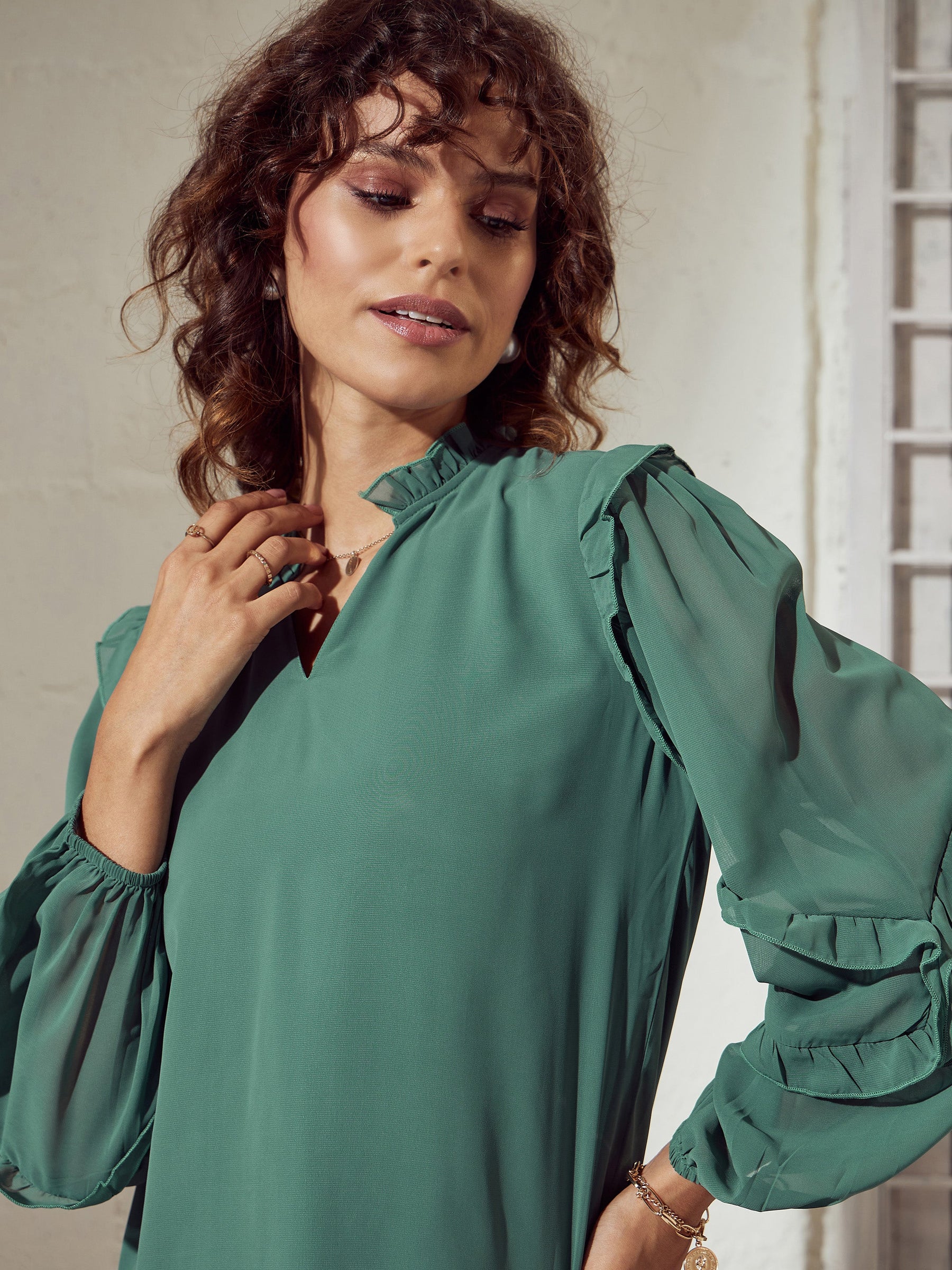 Sea Green Ruffle Detail Top -SASSAFRAS