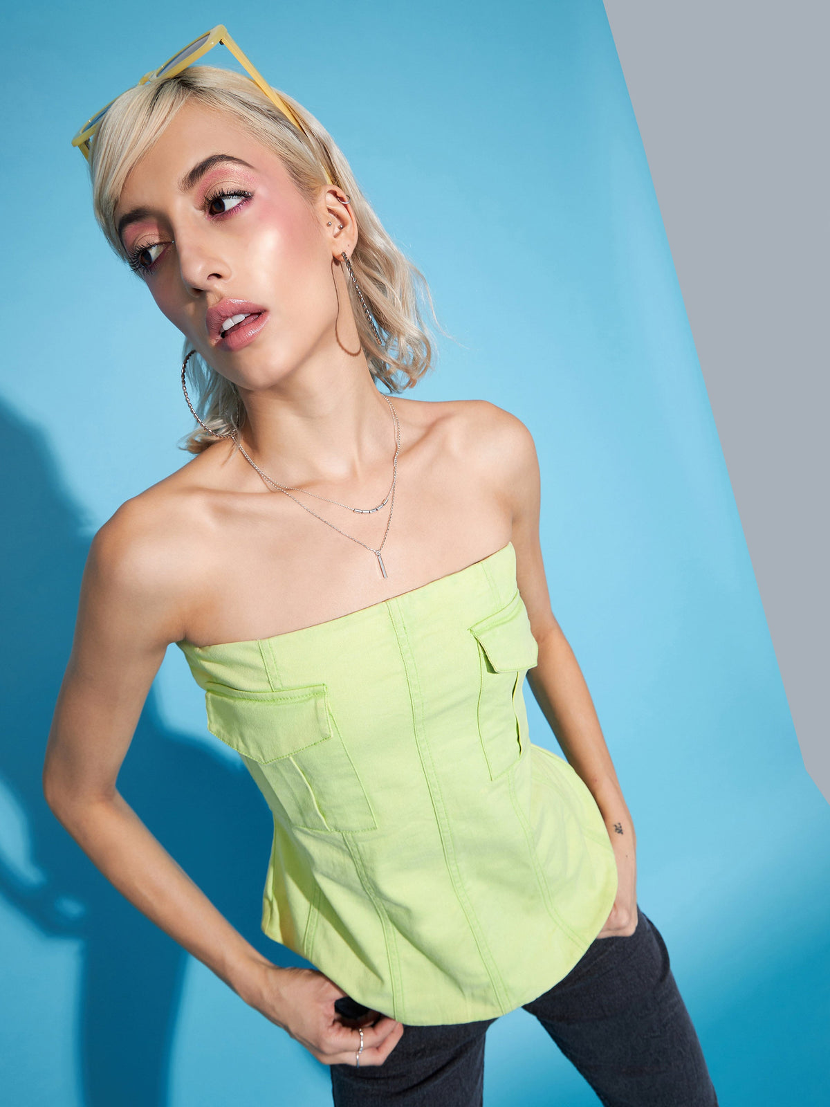 Green Denim Off Shoulder Regular Top-SASSAFRAS