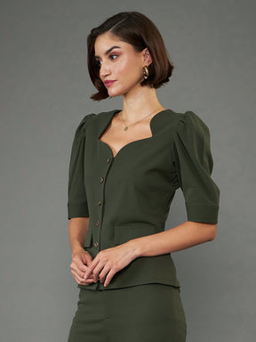 Olive Puff Sleeves Top-SASSAFRAS worklyf