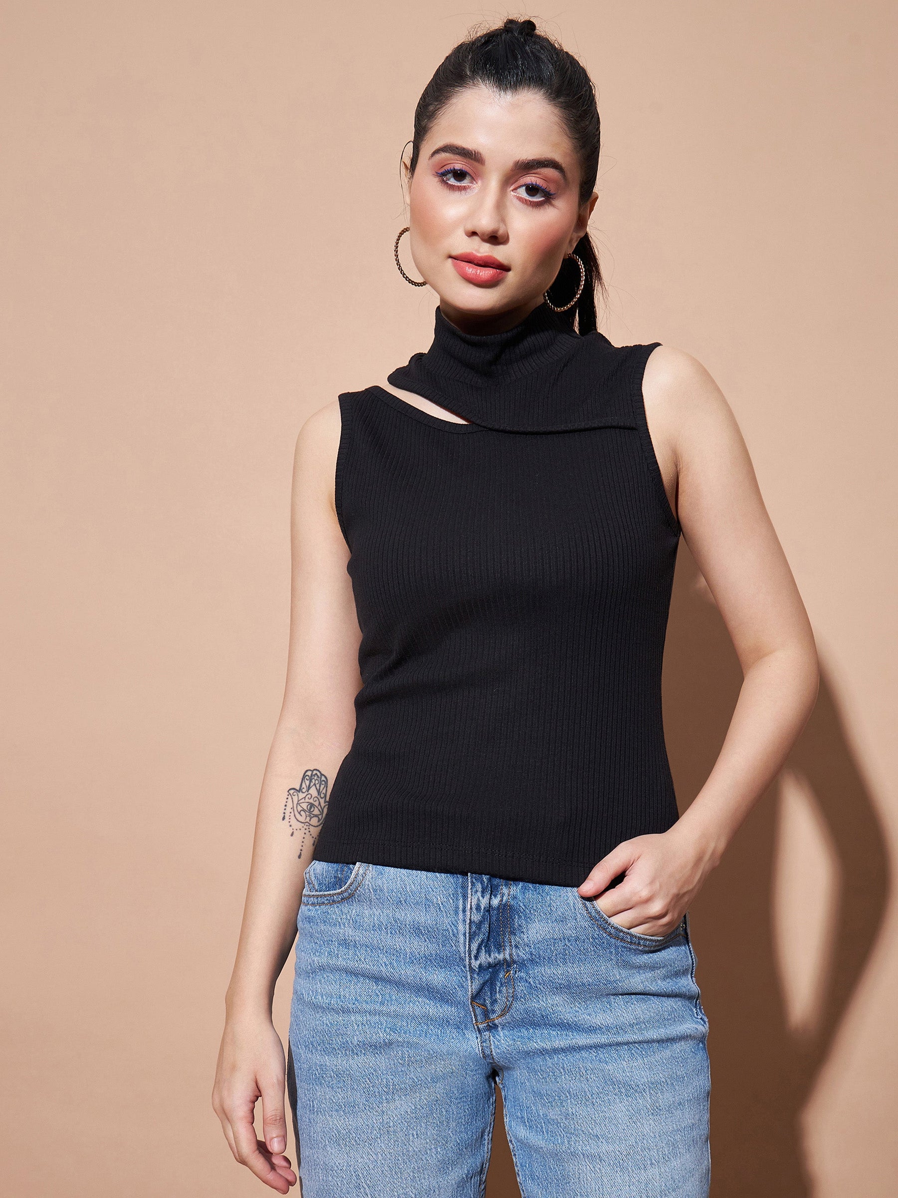 Women Black Turtle Neck Sleeveless Rib Top - Main Image