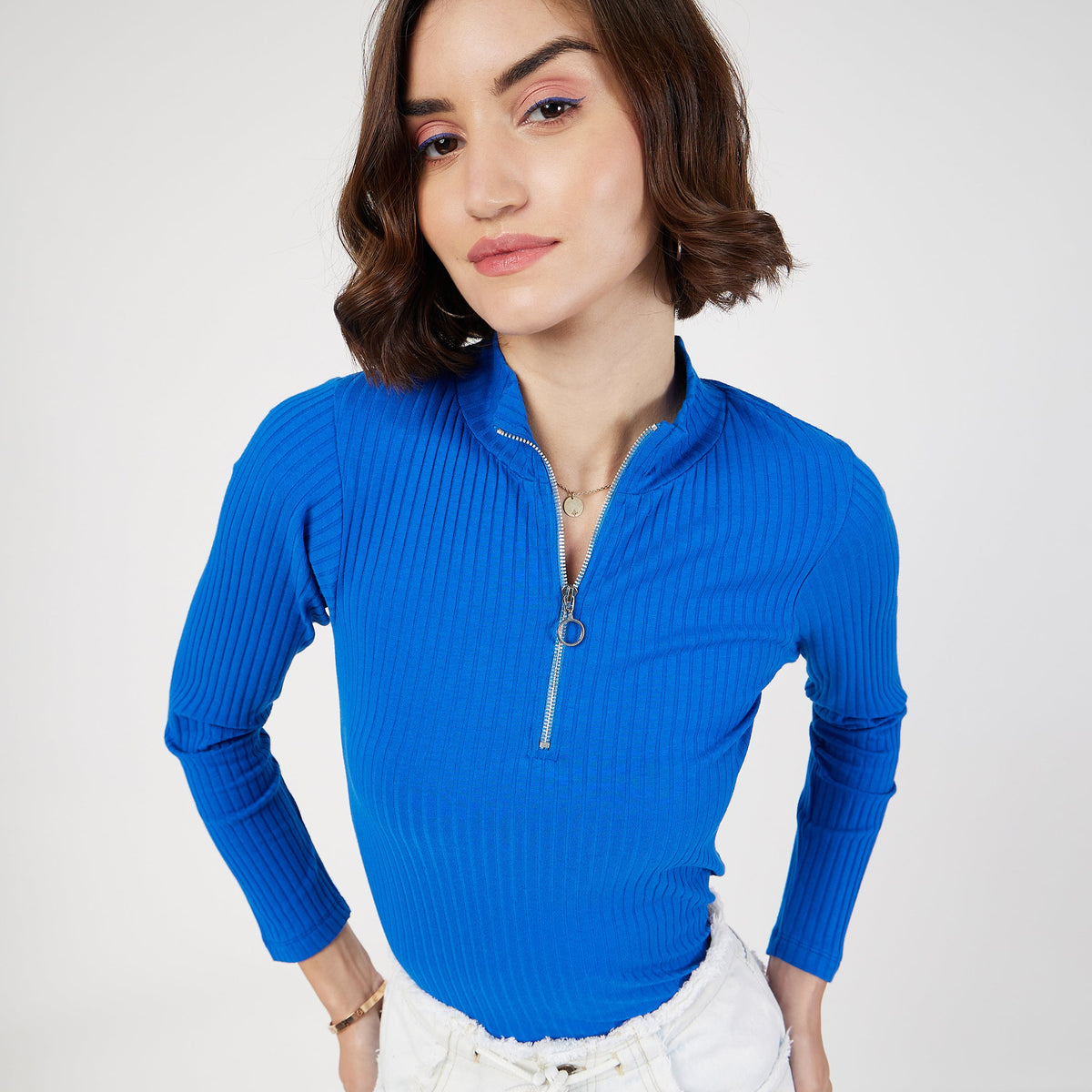 Buy Women Royal Blue Rib Front Zipper Full Sleeves Top Online at