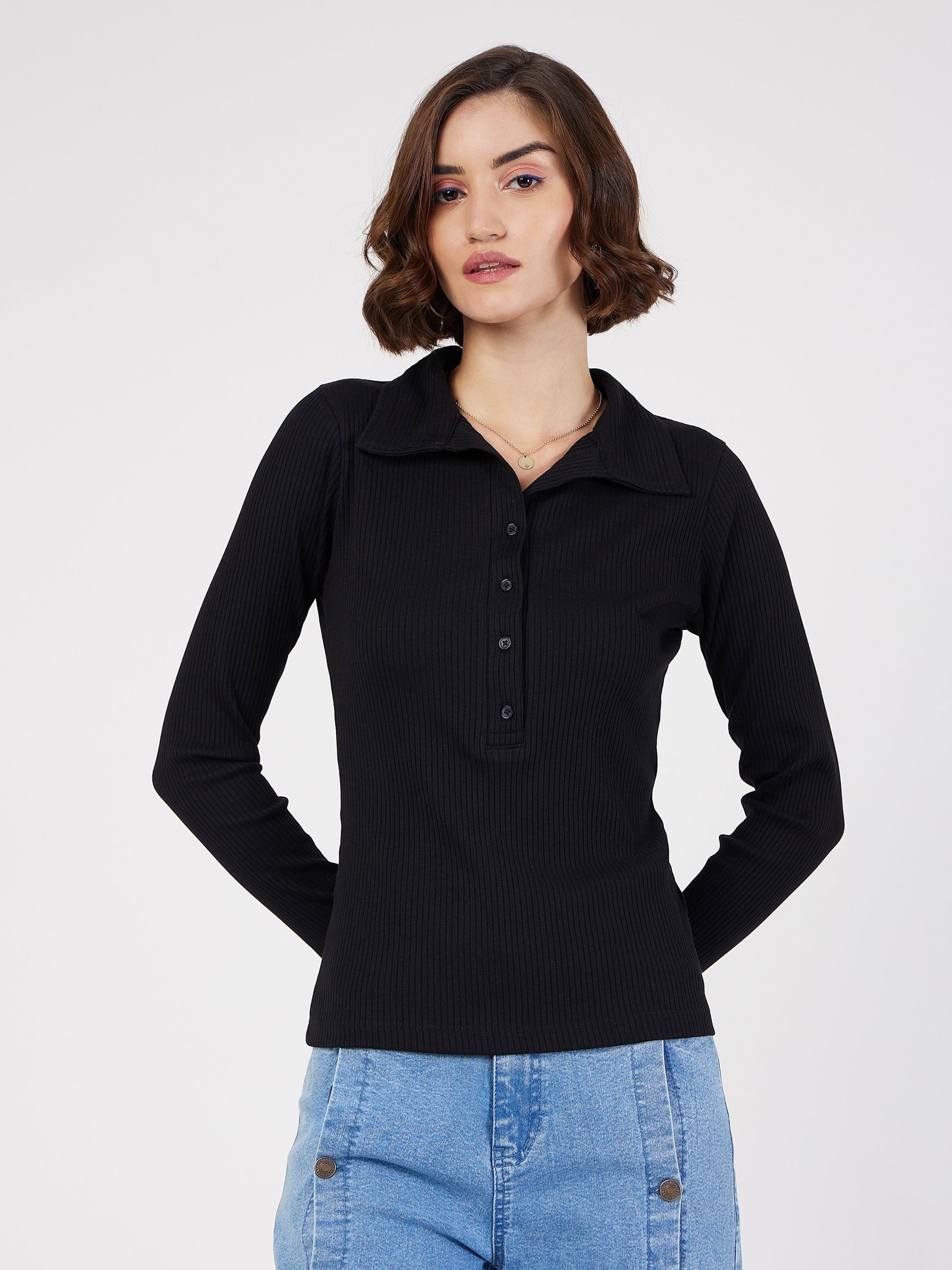 Buy Black Rib Polo Neck Full Sleeves Top Online At Best Price