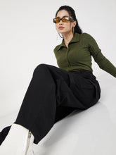 Olive Rib Polo Neck Full Sleeves Top-SASSAFRAS