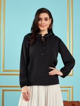 Black Puff Sleeves Embellished Top-SASSAFRAS