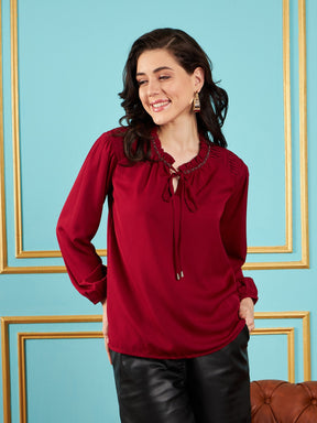 Maroon Puff Sleeves Embellished Top-SASSAFRAS