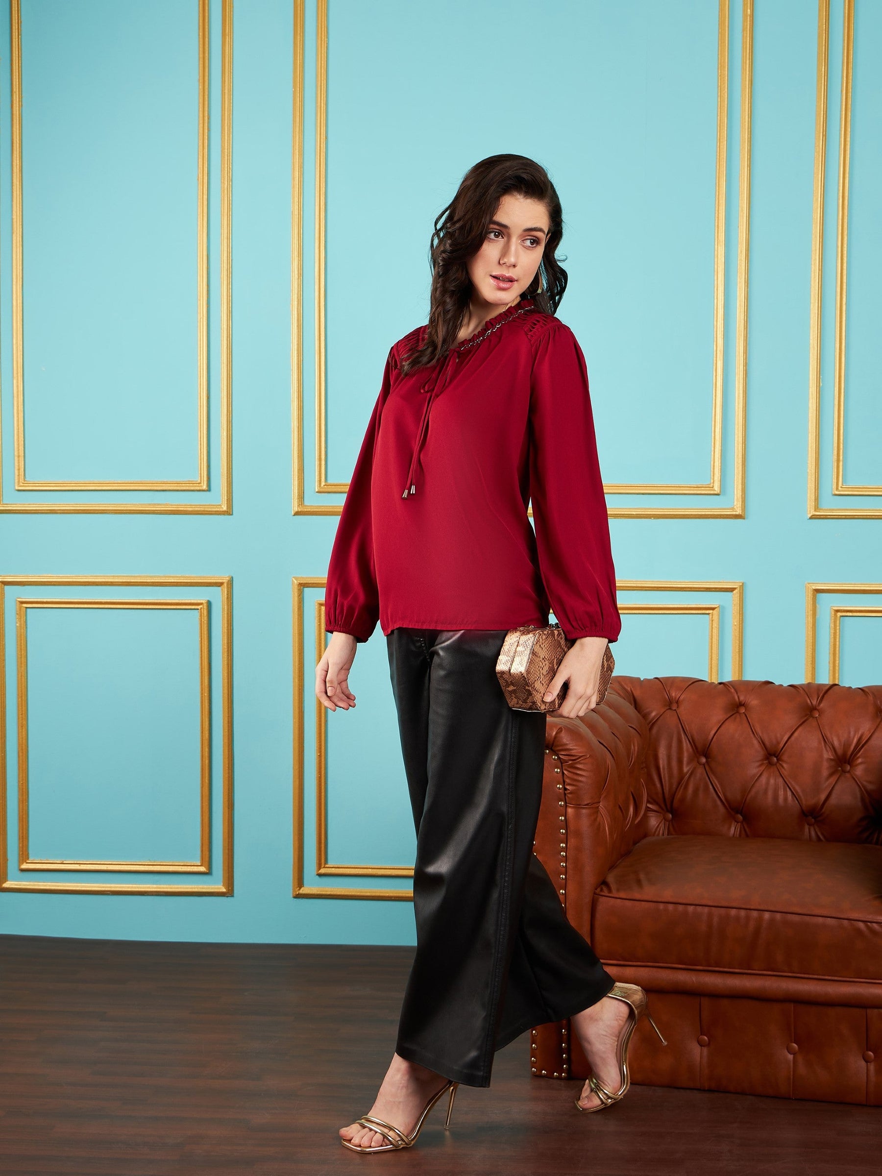 Maroon Puff Sleeves Embellished Top-SASSAFRAS