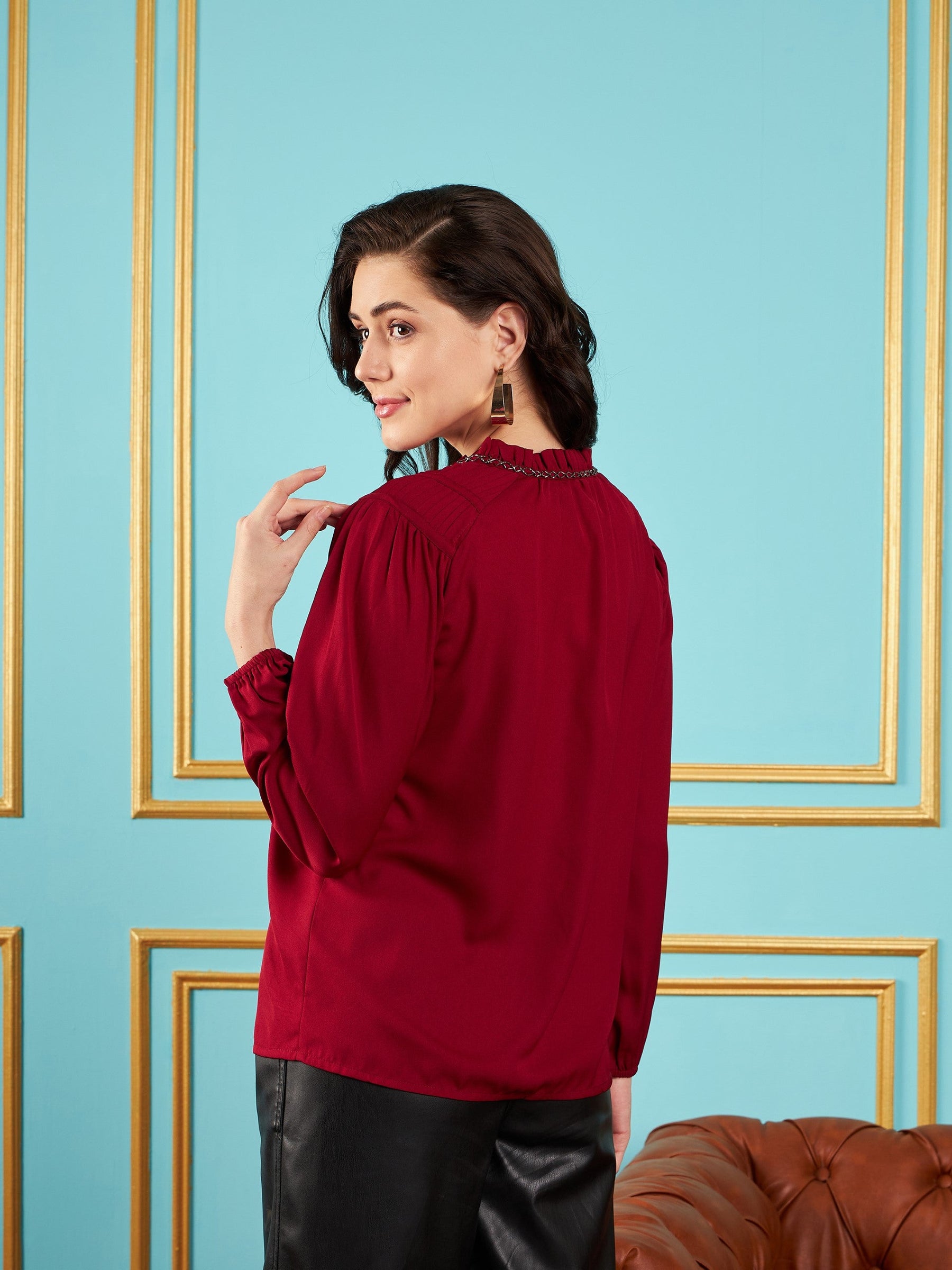 Maroon Puff Sleeves Embellished Top-SASSAFRAS