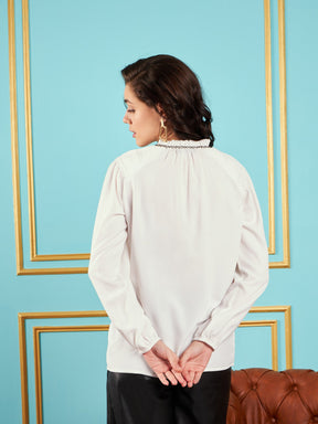 White Puff Sleeves Embellished Top-SASSAFRAS