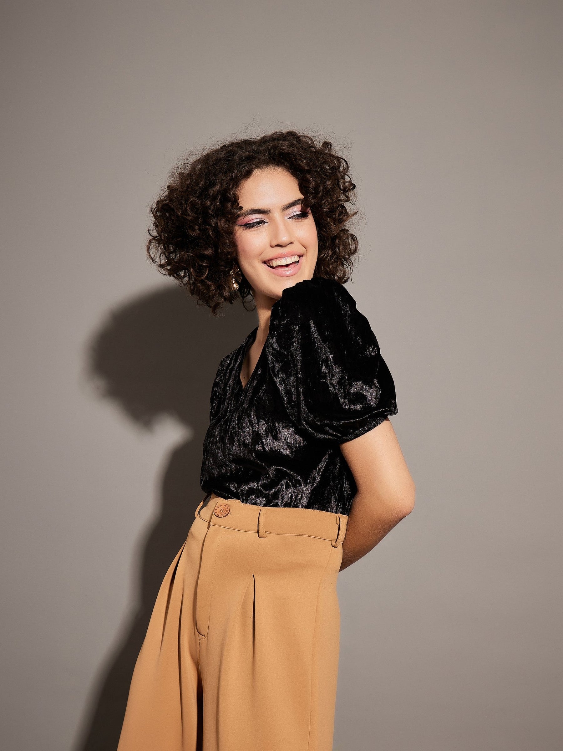 Black Velvet Puff Sleeves Top-SASSAFRAS