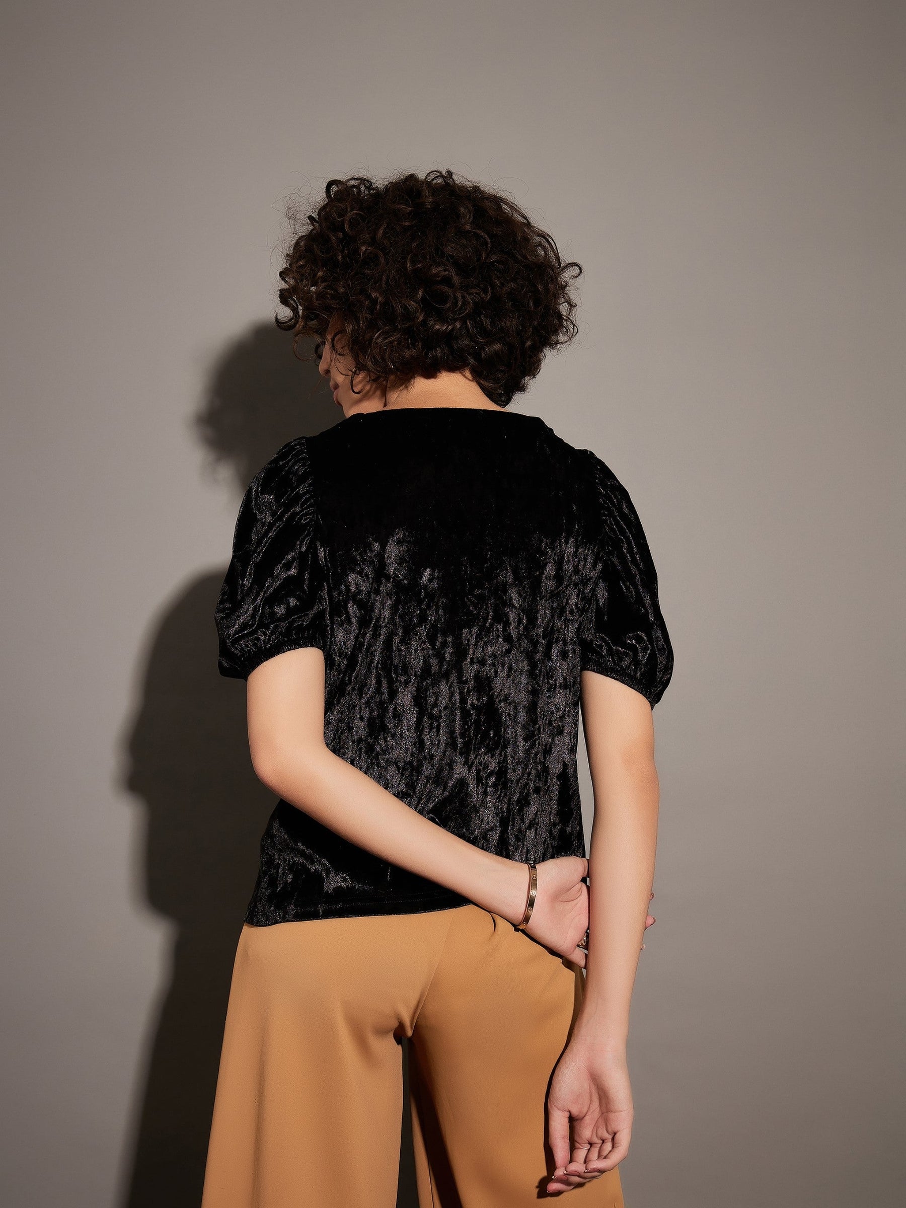 Black Velvet Puff Sleeves Top-SASSAFRAS