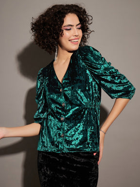 Emerald Velvet Front Button Top-SASSAFRAS