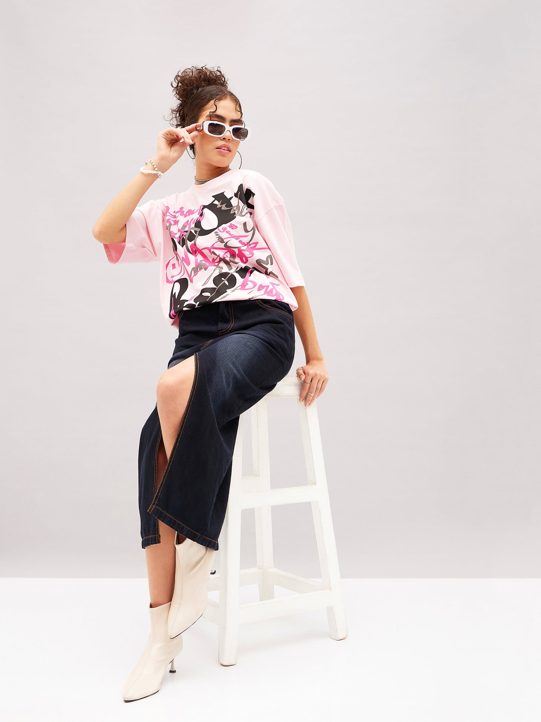 Pastel Pink Abstract Print Oversized T-shirt-SASSAFRAS