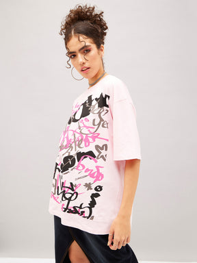 Pastel Pink Abstract Print Oversized T-shirt-SASSAFRAS