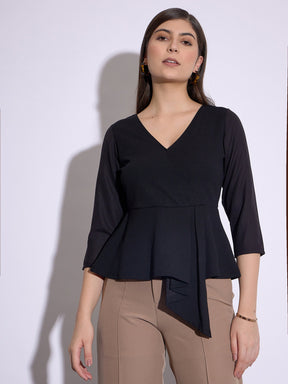 Black Wrap Asymmetric Peplum Top-SASSAFRAS worklyf